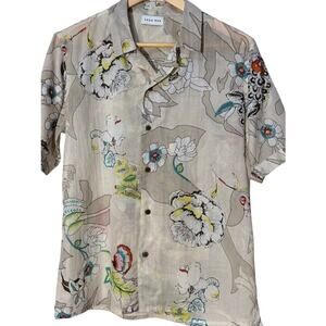 Raga Man Tan / Khaki with Floral Print Button Down Shirt, Men's Size S